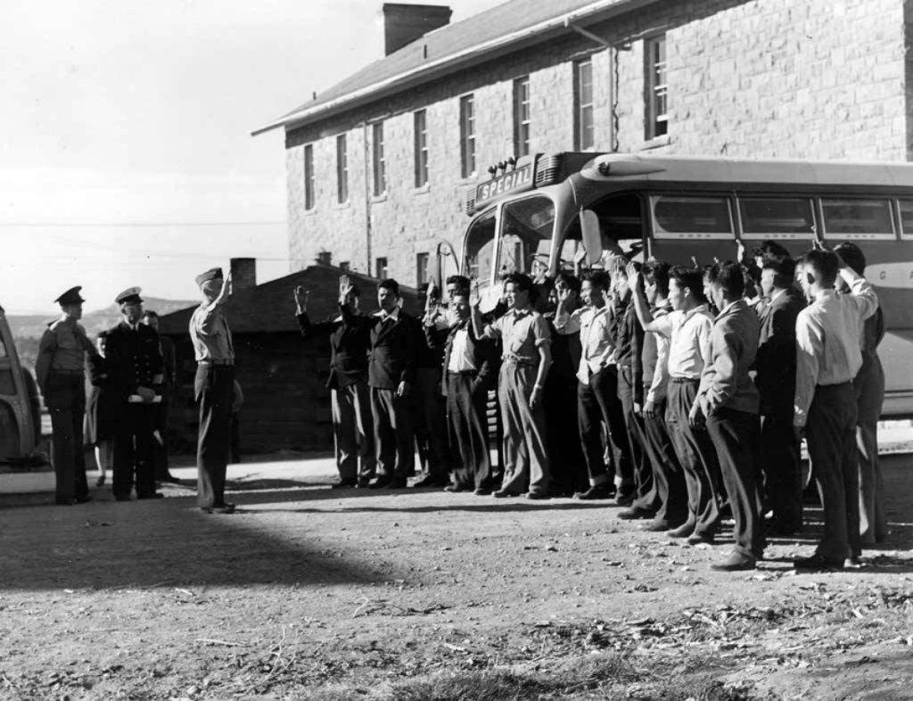 Code talkers line up to be sworn in at the Marine Corps basic training camp in San Diego.