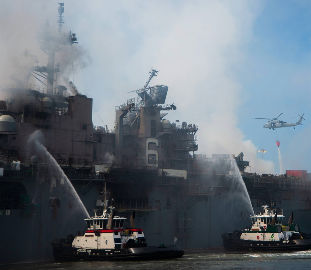 A photo of the USS Bonhomme Richard on fire.