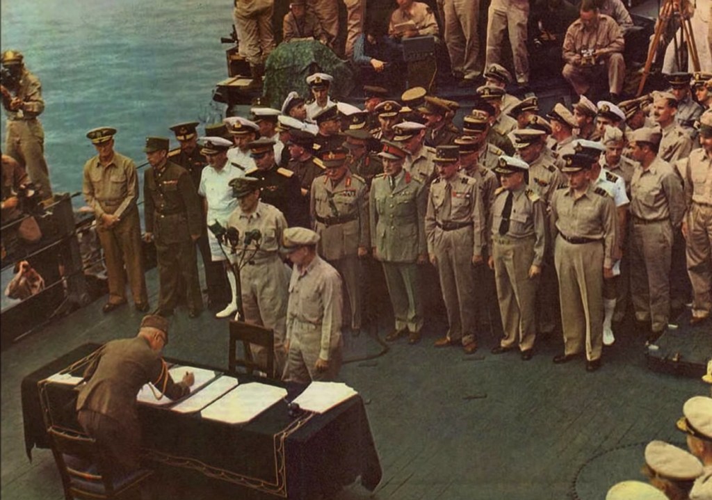 A photo of the surrender of the Empire of Japan on September 2, 1945.