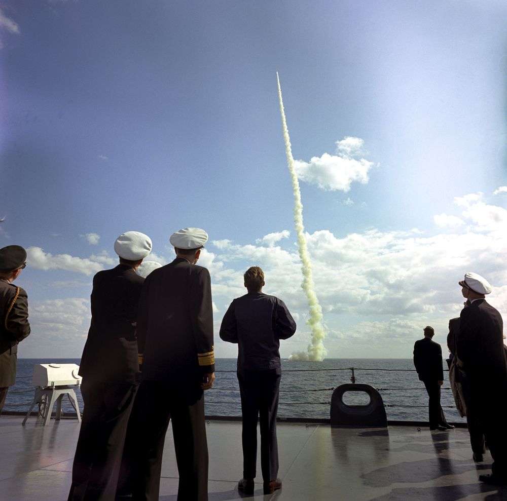Kennedy watches a missile fly from the submarine USS Andrew Jackson.