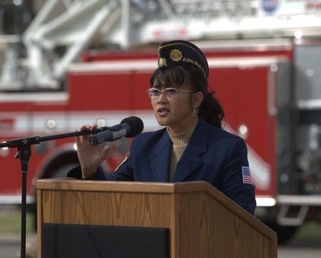 Wunderlin speaking at the podium during the NASA Ames patriot day event.