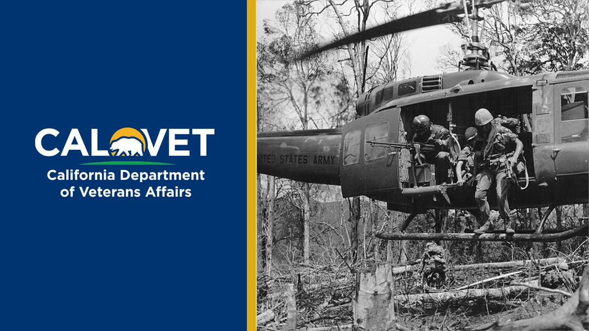 CalVet logo and American soldiers jumping out of a helicopter in Vietnam.