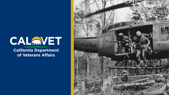 CalVet logo and American soldiers jumping out of a helicopter in Vietnam.