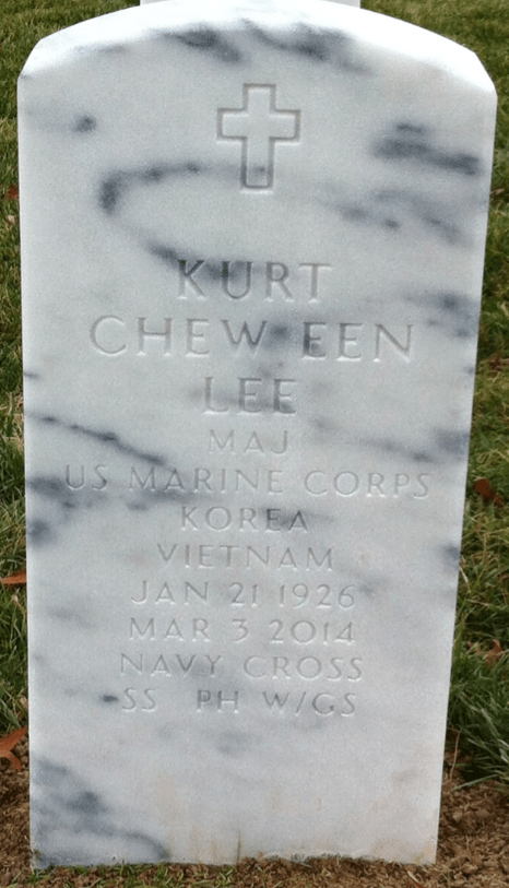Lee's Arlington National Cemetery headstone: Major, US Marine Corps, Korea, Vietnam, Jan 21 1926 to Mar 3 2014, Navy Cross, Silver Star, Purple Heart
