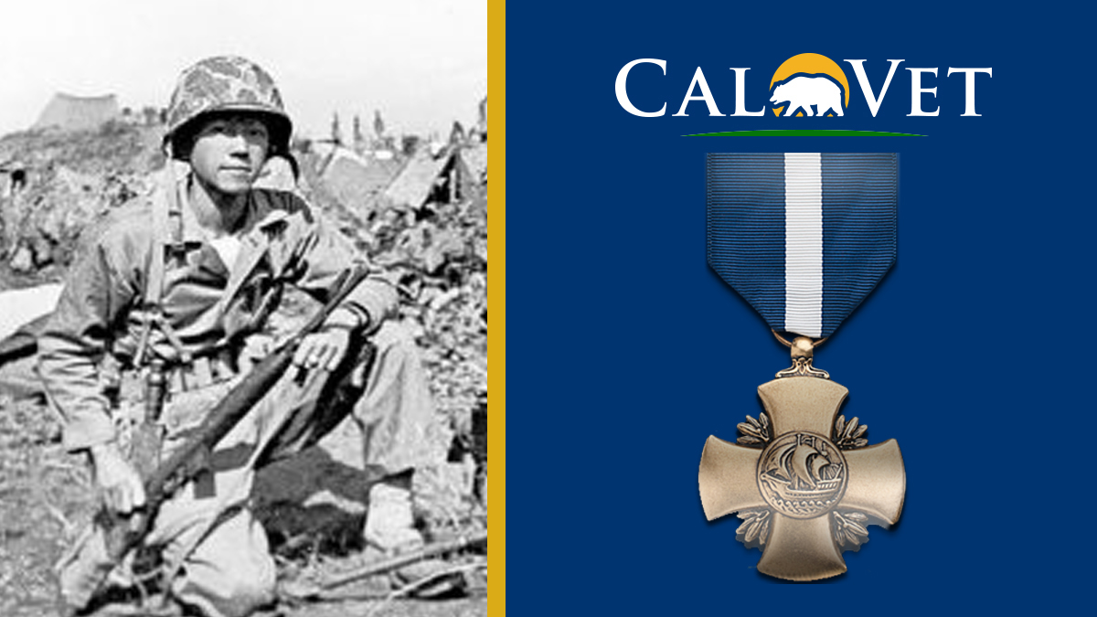 Young Lee in Korea wearing combat fatigues. Picture of a Navy Cross, which was awarded to him.