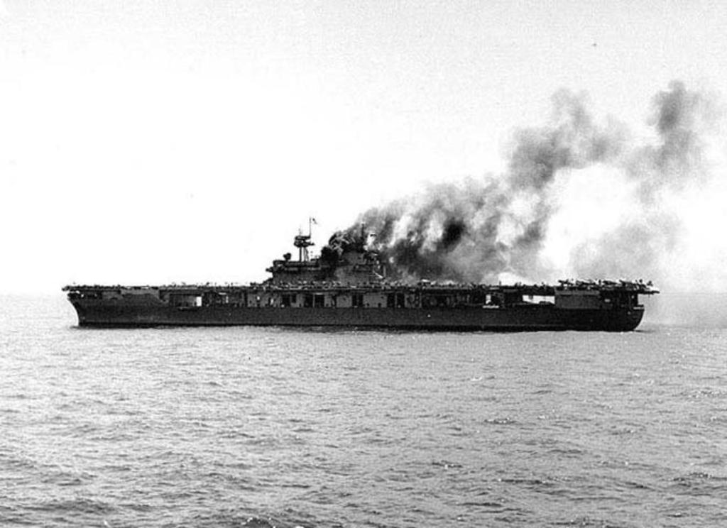 A photo of the Yorktown right before it goes under the ocean.
