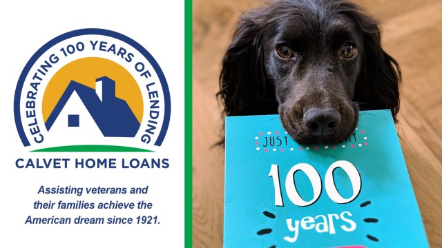 Dog holding card that says 100 years.