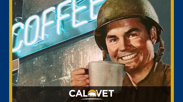 Iconic photo of an Army guy with a tin cup waiting for coffee. There is a sign in the background that says "coffee."