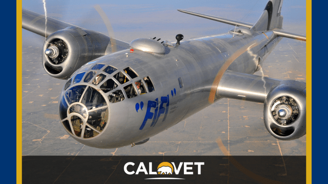 A B-29 bomber flying over the central valley of California.