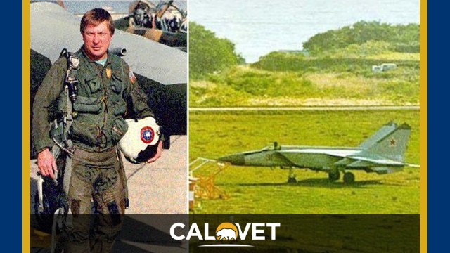 A picture of the pilot and his plane from the Soviet Air Force who flew a MIG-25 to Hakodate, Japan, where he landed and requested asylum in the U.S.