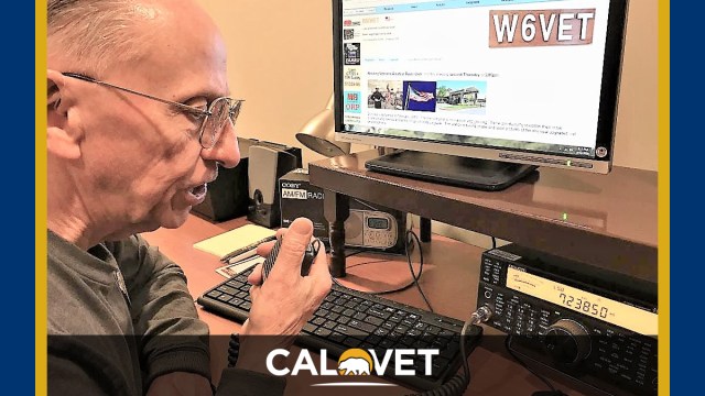 Vietnam veteran Michael VanCleemput at the mic of the ham radio equipment at the Veterans Homes of California-Redding.