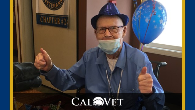 This Ventura Veterans Home resident is showing two thumbs up while enjoying his birthday celebration.