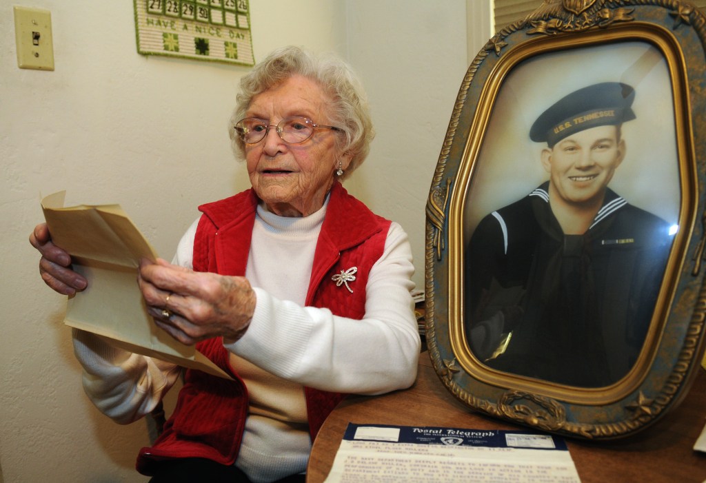 Marjorie Miller of Modesto, reads the last letter sent from her brother-in-law J.B. Delane Miller to his family. 