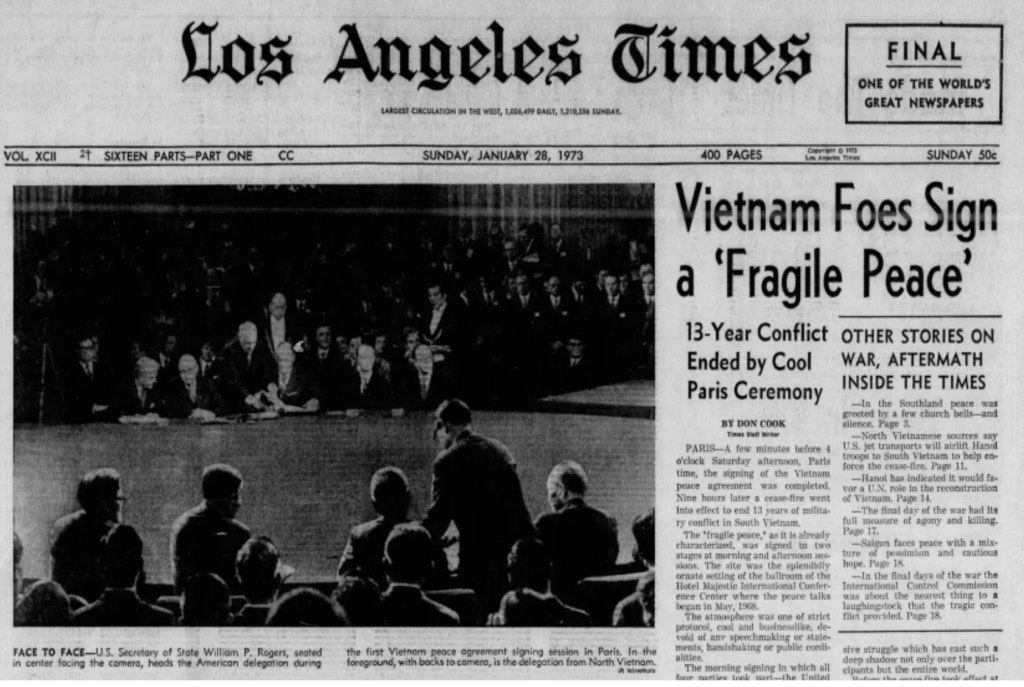 A screen shot of the Jan. 28, 1973 edition of the LA Times. Headline, Vietnam Foes Sign a Fragile Peace.