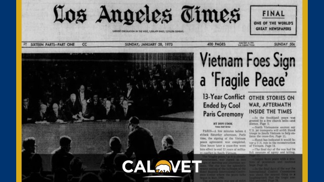 Screen shot of the LA Times front page from Jan. 28, 1973. Story headline is "Vietnam Foes Sign a Fragile Peace."