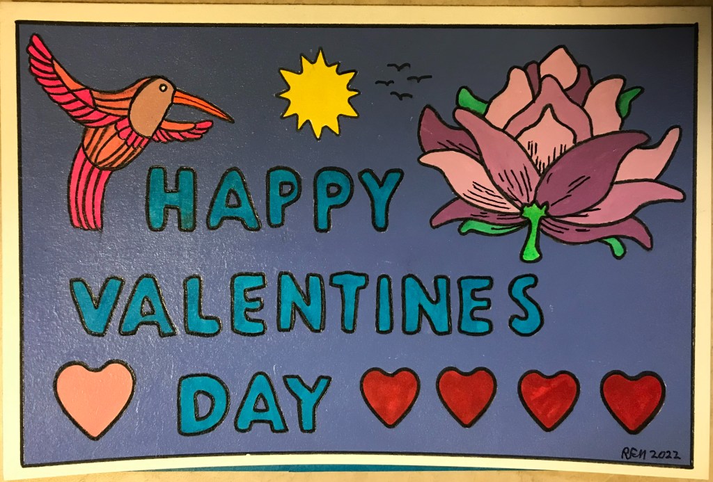 Handmade Valentine's Day Card showing hummingbird, the sun, a flower, and hearts.