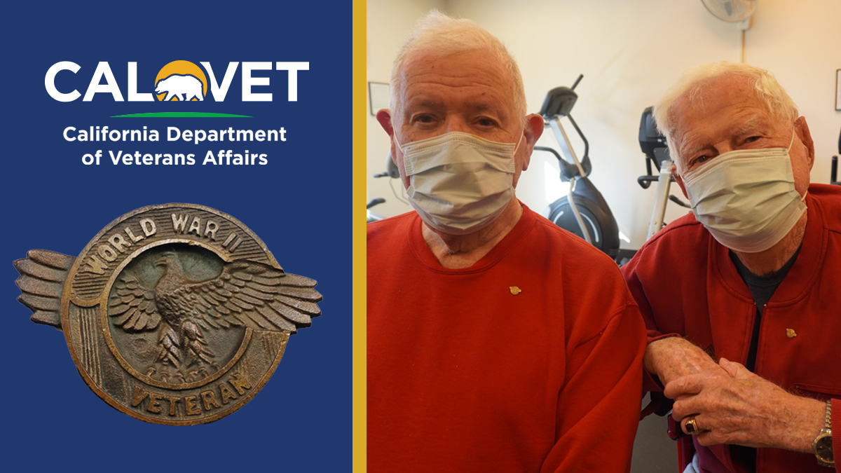 Resident veterans at the Ventura Veterans Home wearing their gold pins on red shirts.