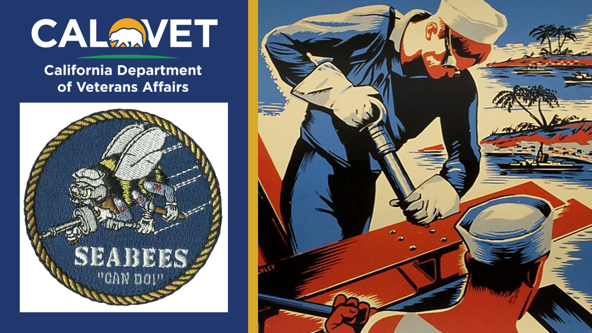 SeaBees Can Do patch, Calvet logo and a 1940 enlistment poster showing an illustration of navy personnel setting rivets into steel.