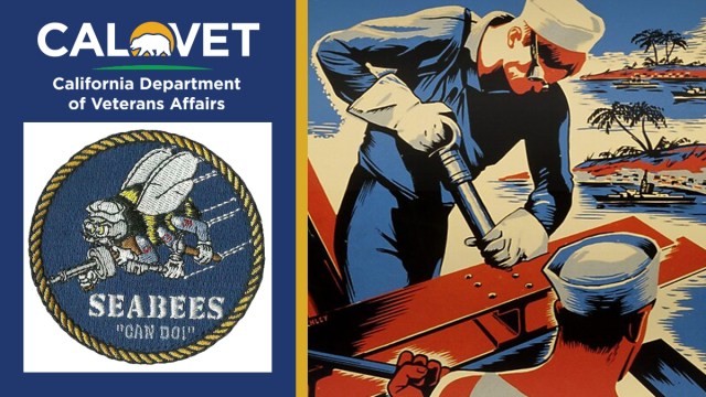 SeaBees Can Do patch, Calvet logo and a 1940 enlistment poster showing an illustration of navy personnel setting rivets into steel.