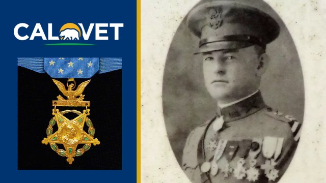 CalVet logo, Medal of Honor, military headshot of Holderman.