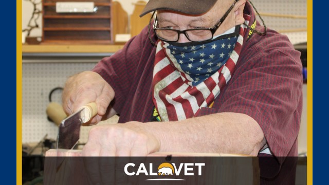 Close up of veterans cutting a piece of cedar with a hand saw.