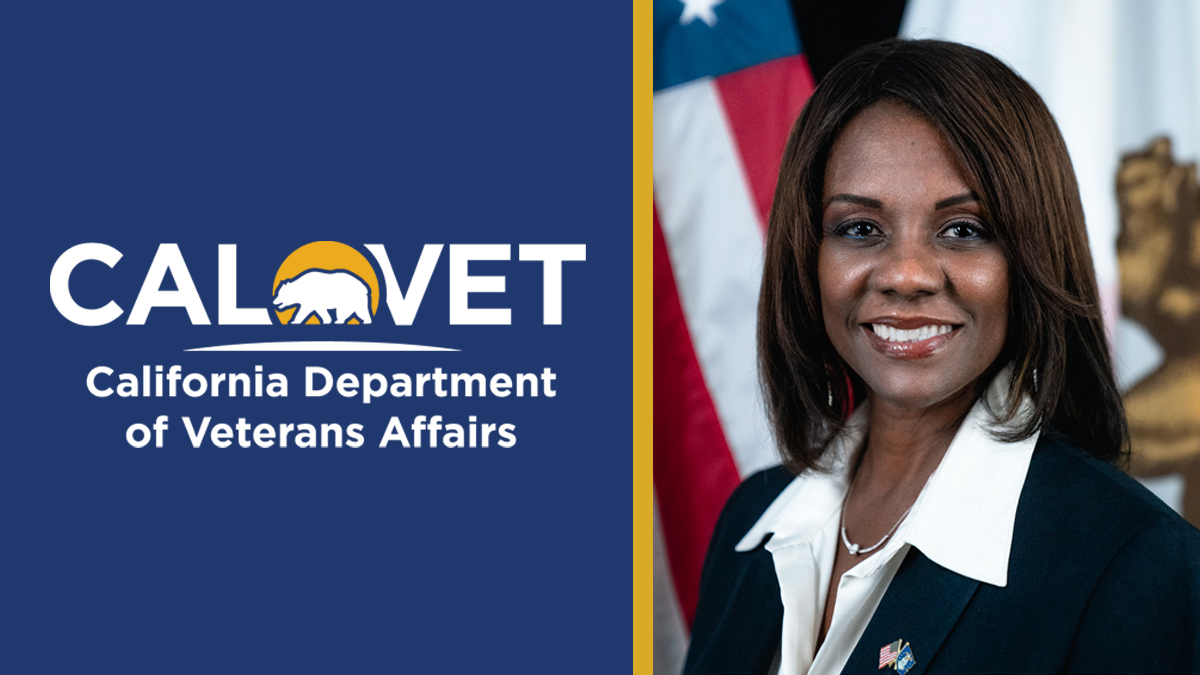 CalVet logo and a headshot of Virginia Wimmer with the American and California flags behind her.