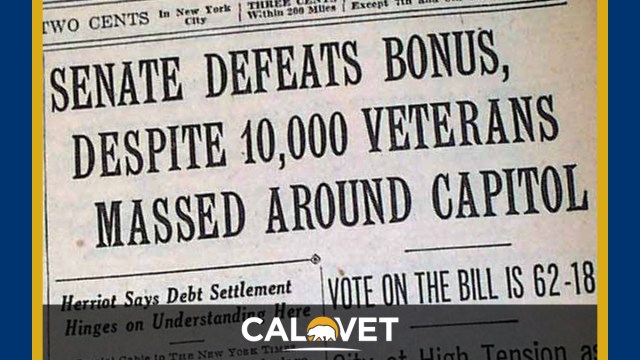 Photo of a newspaper clipping "Senate defeats bonus, despite 10,000 veterans massed around Capitol.