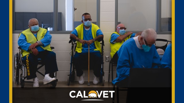 Incarcerated veterans listen to benefits presentation at Mule Creek State Prison presentation.