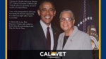 Photo of President Obama with Delphine Metcalf-Foster, includes CalVet Logo
