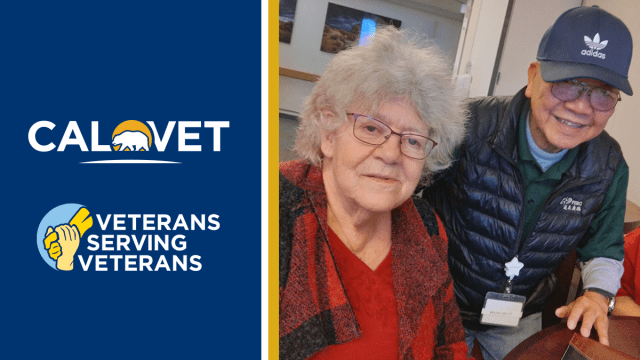 Chaplain William T. Young and Joan Whitefield Smithey with text "Veterans Serving Veterans" and CalVet logo.