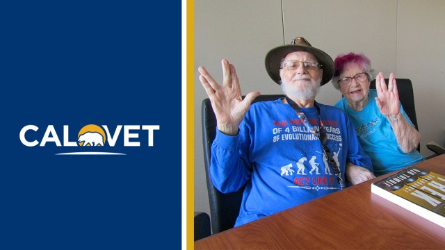 Graphic with CalVet logo and photo of John and Bjo Trimble.