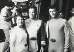 Bjo Trimble on the step of "Star Trek: The Motion Picture" with actor William Shatner and writer David Gerrold.