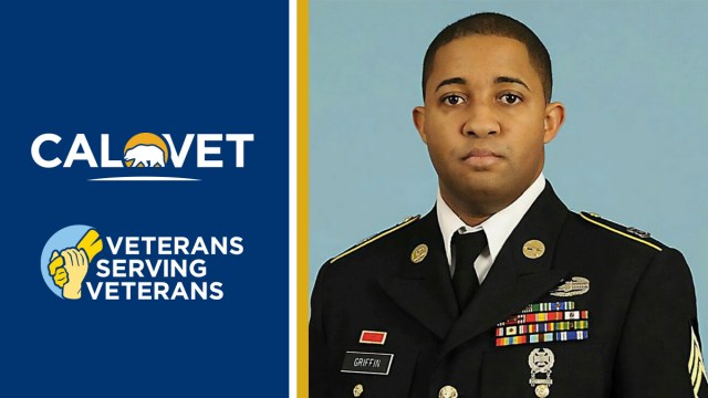 CalVet logo with text "Veterans Serving Veterans" and image of male Army soldier in dress uniform.