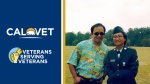 CalVet logo and text "Veterans Serving Veterans" with image of servicemember in Army uniform standing next to man.