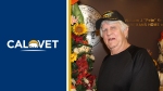 CalVet logo and man with Vietnam War Veteran cap next to flowers.