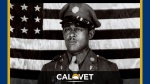 Black and white image of servicemember in uniform with CalVet logo underneath.