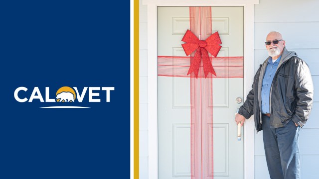 CalVet logo and image of man standing outside house, with red ribbon and bow on the door.