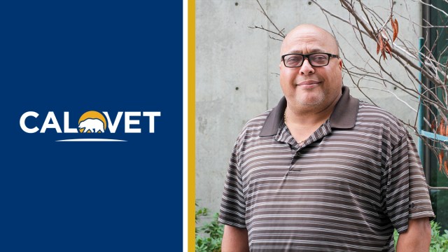 CalVet logo and image of man standing outside.