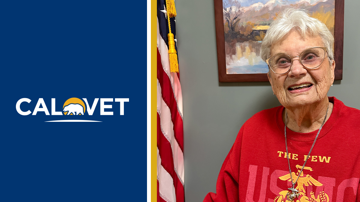 CalVet logo and image of smiling woman with American flag.