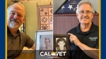 Graphic with CalVet logo and pair of images of men holding black and white photos in frames.