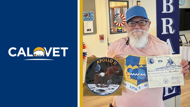 Graphic with CalVet logo and image of smiling man holding Apollo 11 memorabilia.