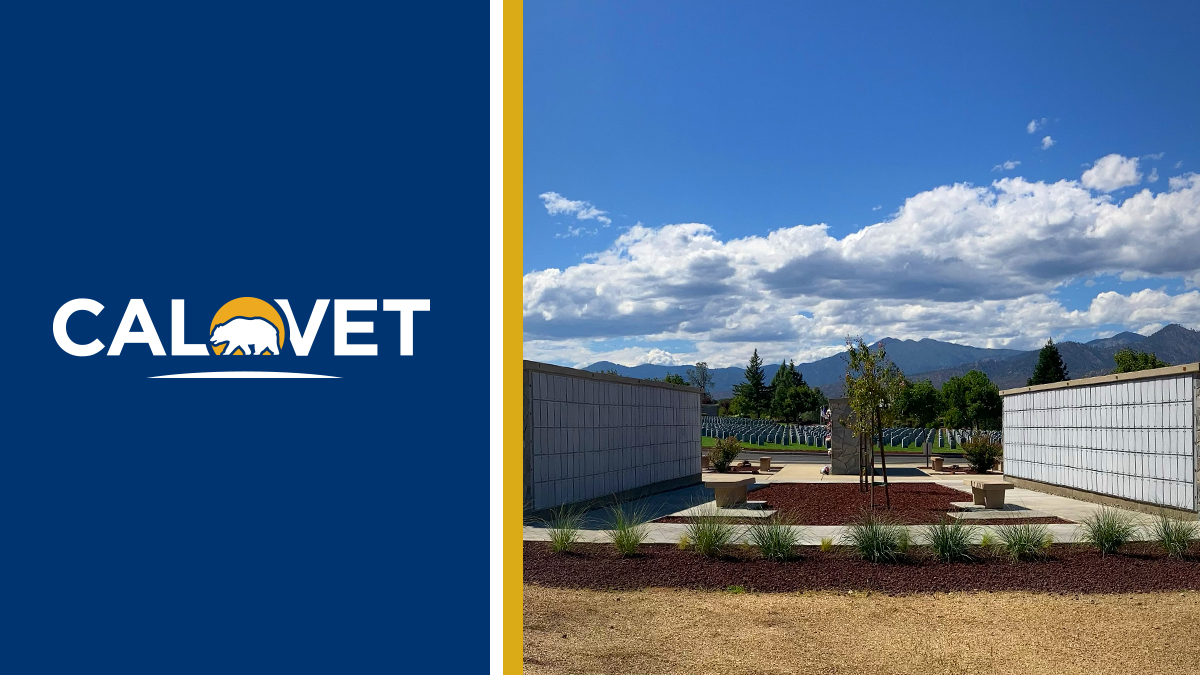 Graphic with CalVet logo and columbaria at veterans cemetery.