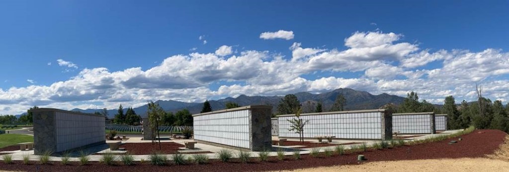 Five rows of columbaria at veterans cemetery.