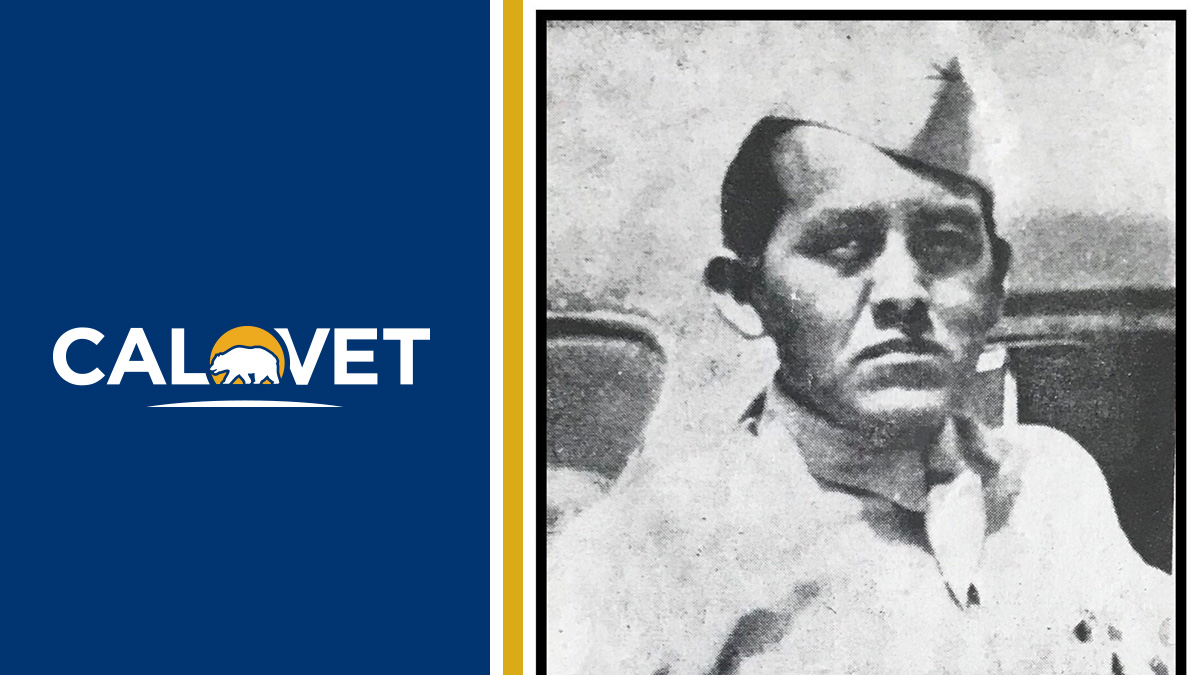 Graphic with CalVet logo and black and white image of U.S. soldier during World War II.