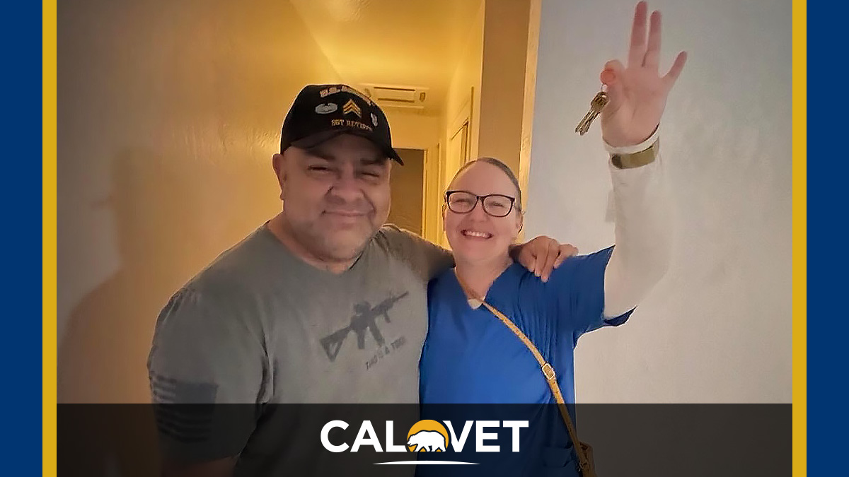 Graphic with CalVet logo and image of man and woman inside house, with woman holding up keys.