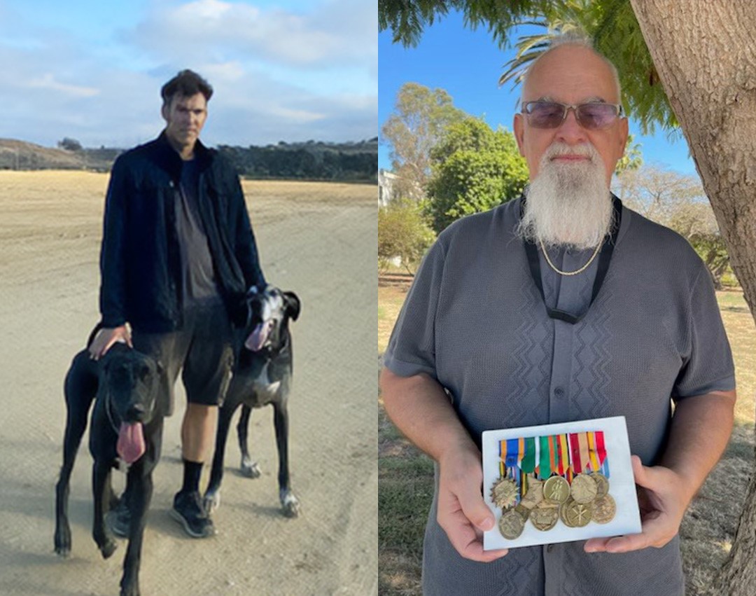 Image of man with two large dogs and image of man holding military medals.