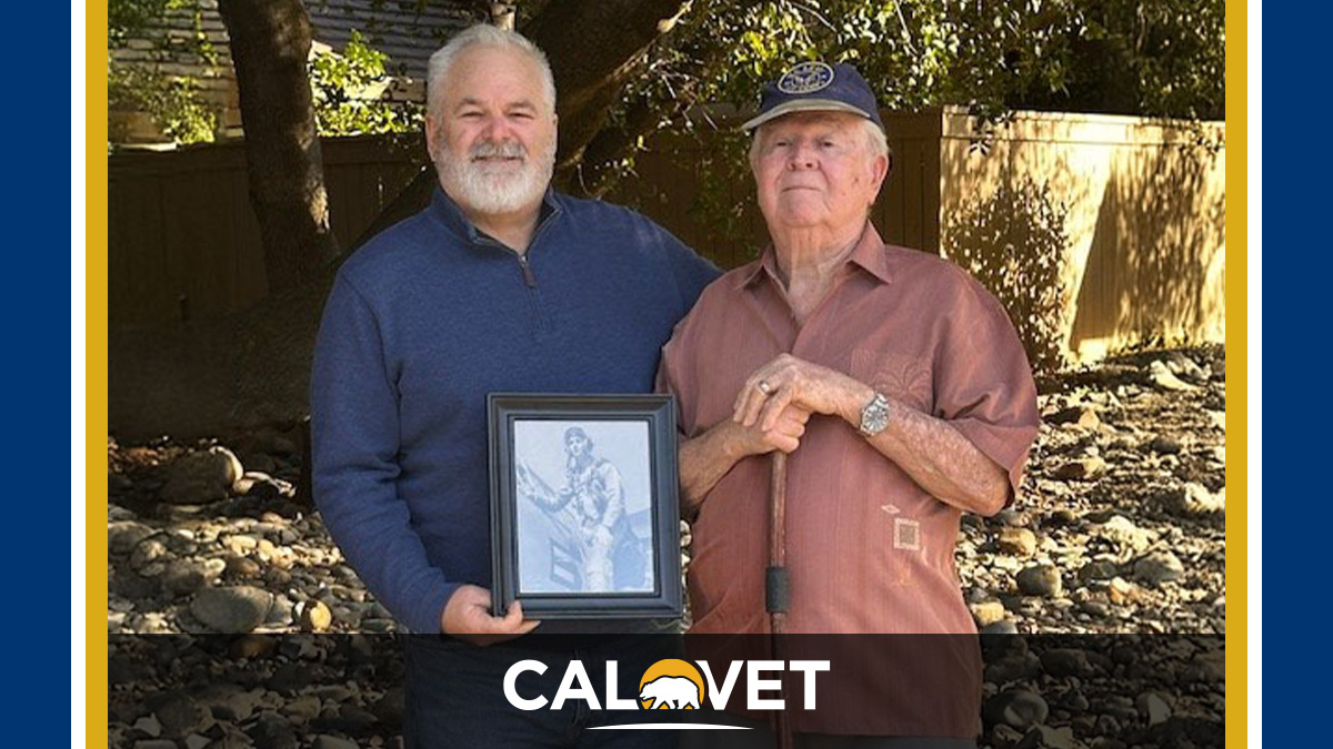 Graphic with CalVet logo and image of two men standing outside, one holding a framed black and white photograph.