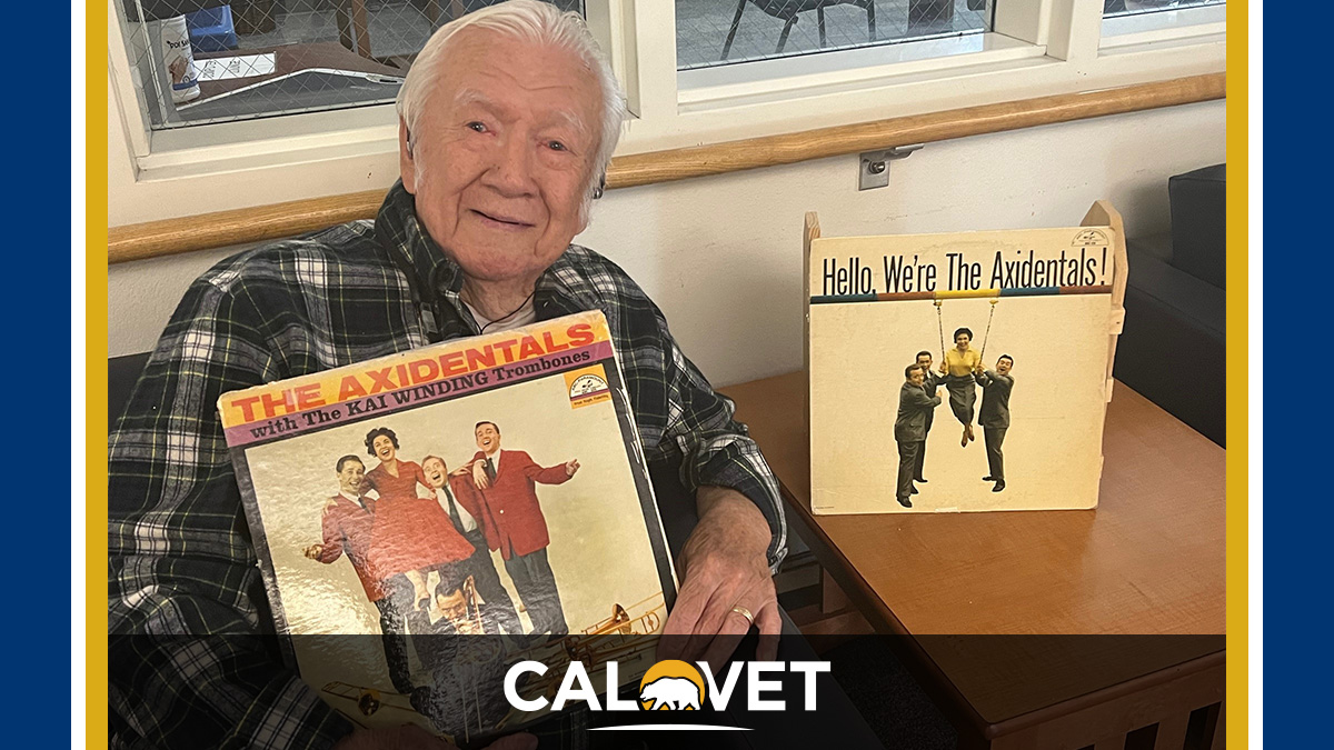 Graphic with CalVet logo and image of seated man holding a music record with another record on table nearby.